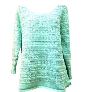Vintage Norm Thompson Teal Blue Open Knit Sweater Size M Boho Light 3/4 Sleeve